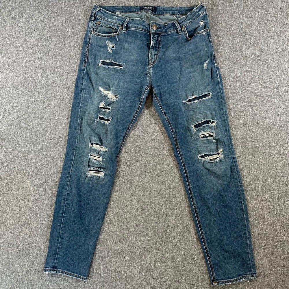 Silver Jeans Co Avery Skinny Distressed Blue Denim Pants Womens Size 33x31 Avery